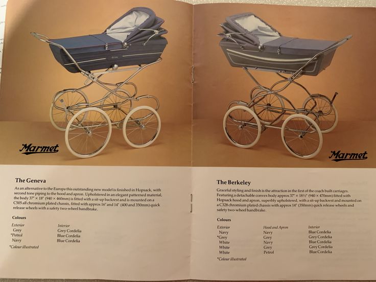 an open book with two pictures of a baby's carriage