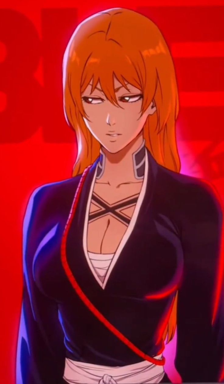 an anime character with long red hair and black clothes, standing in front of a red background