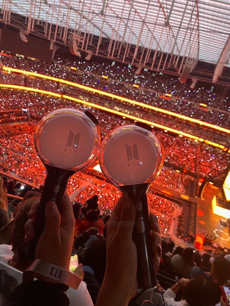 two magnifying glasses are held up in front of an audience at a sporting event