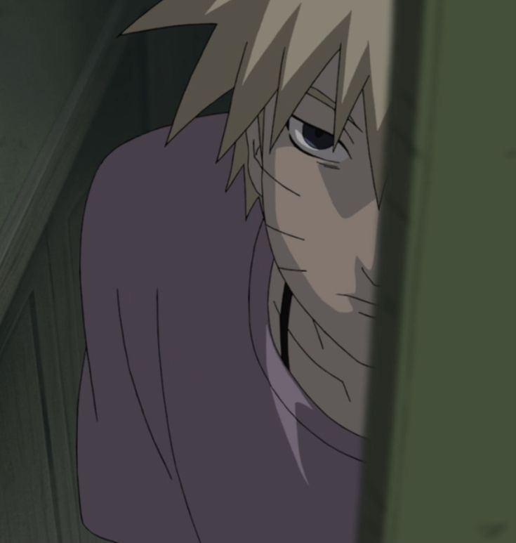 an anime character with blonde hair and blue eyes looking out from behind a door in a dark room