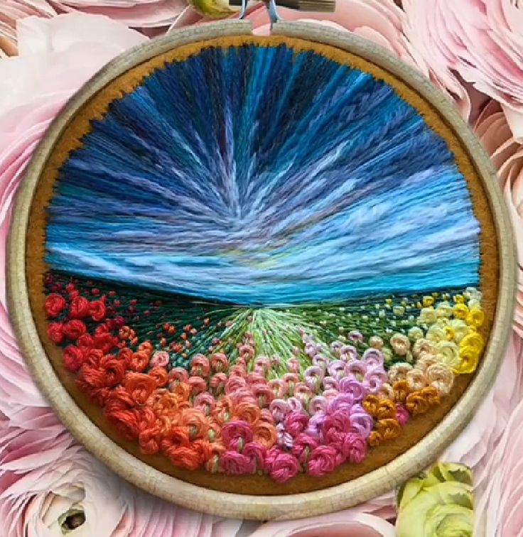 a close up of a circular object with flowers in it