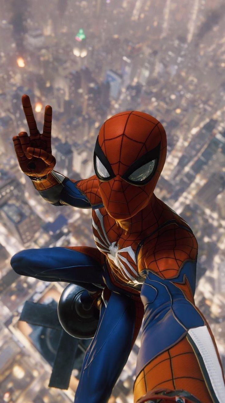 the amazing spider - man is flying high above the city