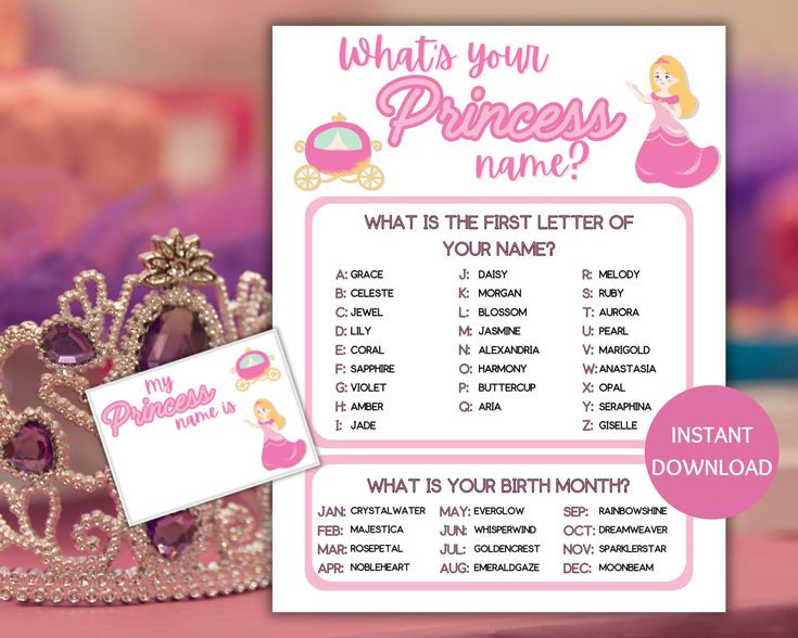 a pink princess name card with a tiara on it and the words, what's your princess name?