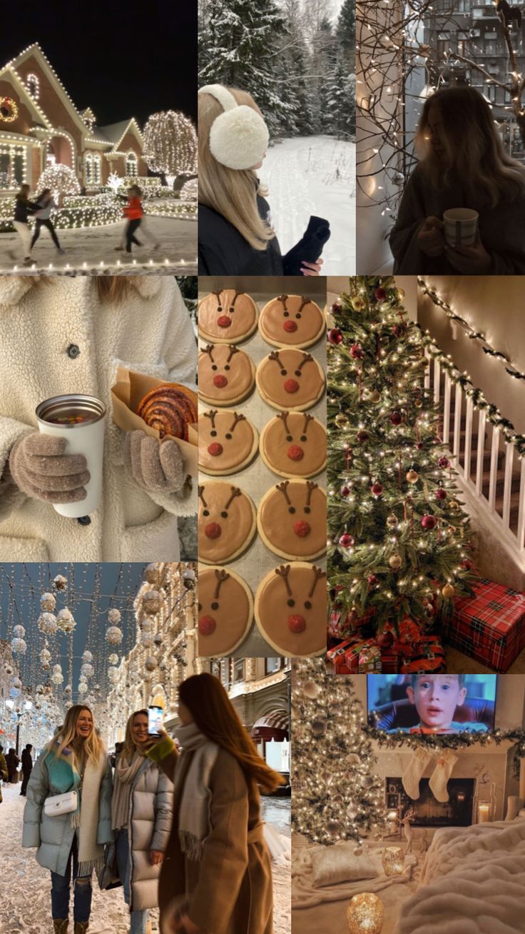 collage of photos with people walking around in the snow and christmas decorations on display