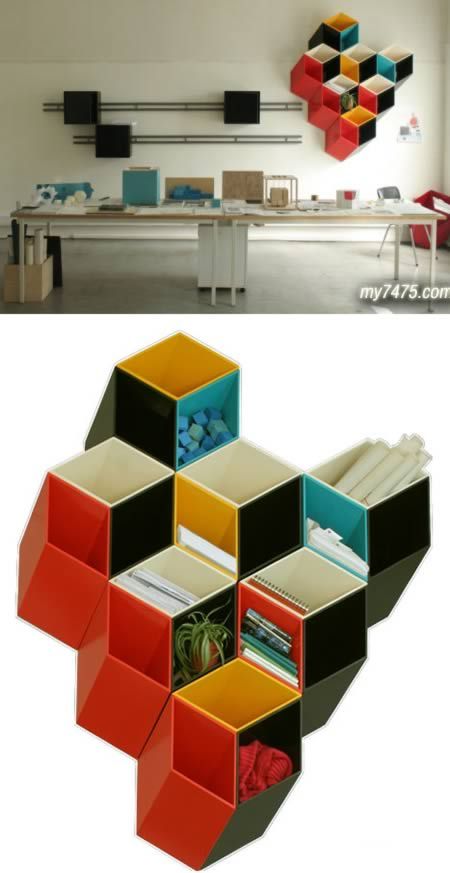 an office with colorful shelves and desks in it