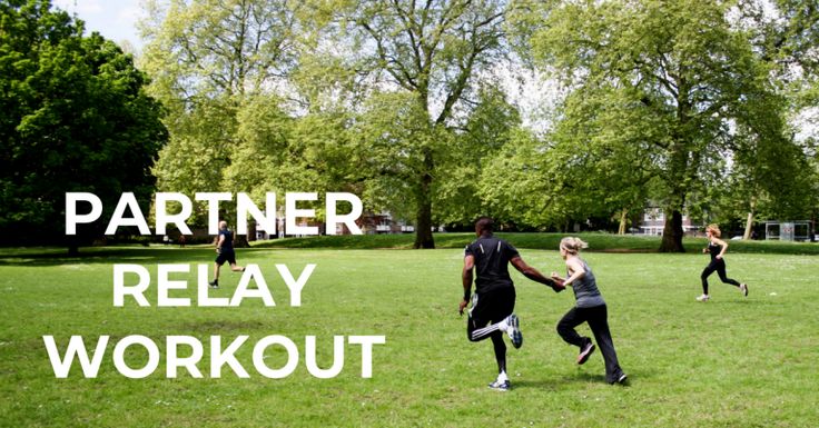 a group of people playing frisbee in a park with the words partner relay workout