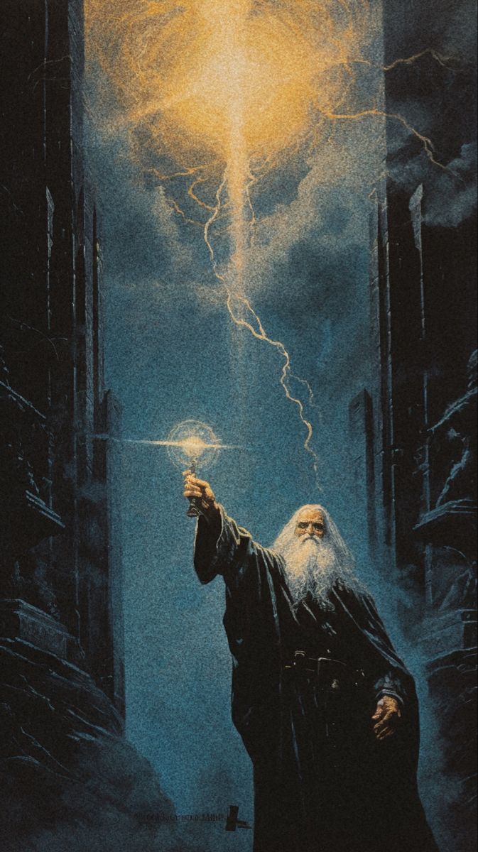 an image of wizard with lightning coming out of his hand in front of the city