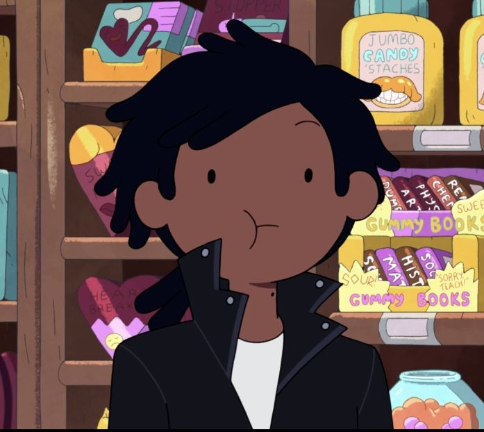 a cartoon character standing in front of shelves filled with food