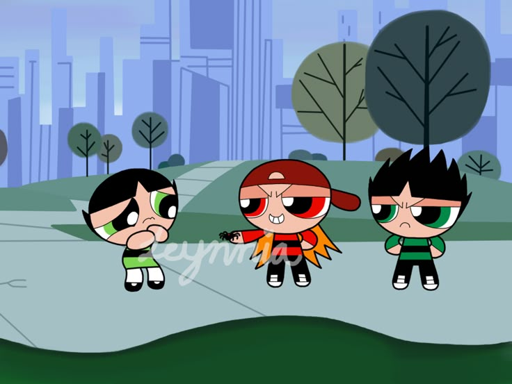 three cartoon characters standing in the middle of a park with trees and buildings behind them