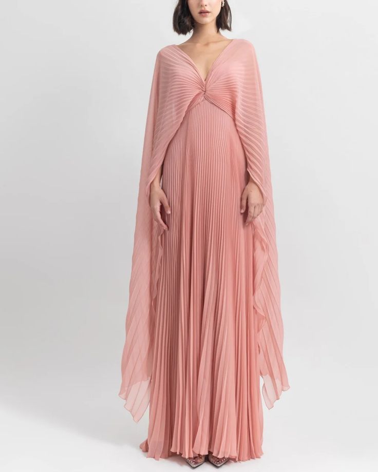 Pleated Chiffon Dress Dress With Draping, Pleated Chiffon Dress, Pink Chiffon Dress, Pleated Gown, Unique Prom Dresses, Chiffon Dress Long, Pleated Chiffon, Long Evening Gowns, Cape Sleeves