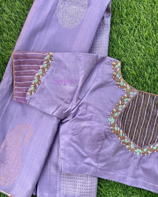 Emroidary Blouse Design, Saree Border Maggam Work, Netted Aari Work Blouse Design, Net Work Blouse Designs Latest, Purple Colour Blouse Designs, Net Work Blouse, Net Embroidery Blouse, Ruffle Blouse Designs, Plain Blouse Designs