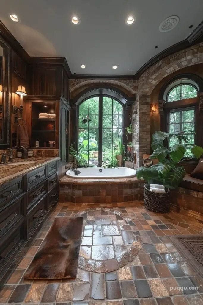 a large bathroom with stone flooring and tub in the center, surrounded by windows