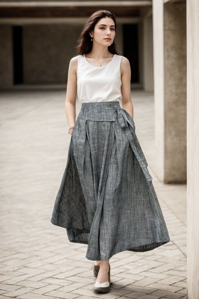 Discover the sophistication of our Grey Linen wrap skirt, perfect for both casual outings and lively nights.This dress can be worn for many occasions and is very casual and comfortable without being too elegant! ★★FEATURES 50% linen, 50% Cotton No lining Two side pockets Inside Button Asymmetrical skirt Wrap skirt Skirt with tied Pleated skirt Regular fit skirt A Line skirt Perfect for Summer, Spring, Autumn ★★ Bespoke Order Service If you Request other color Request the length Your height is not between 155 cm- 172 cm Your weight is over 75 kg I can do it for you, It will need some extra fee depending on on your need. Contact with me for more detail. ★★ Get your size in Size Chart with your body measurement https://www.etsy.com/listing/794055682 ★★ Warmly Note: 1 ) : Please confirm your s Cotton Skirt Outfit, Asymetric Skirt, Wrap Skirt Outfit, Linen Dresses Summer, Linen Wrap Skirt, Linen Style Fashion, Linen Maxi Skirt, Skirt Asymmetrical, Skirt A Line