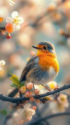 a bird sitting on top of a tree branch next to white and orange flowers,