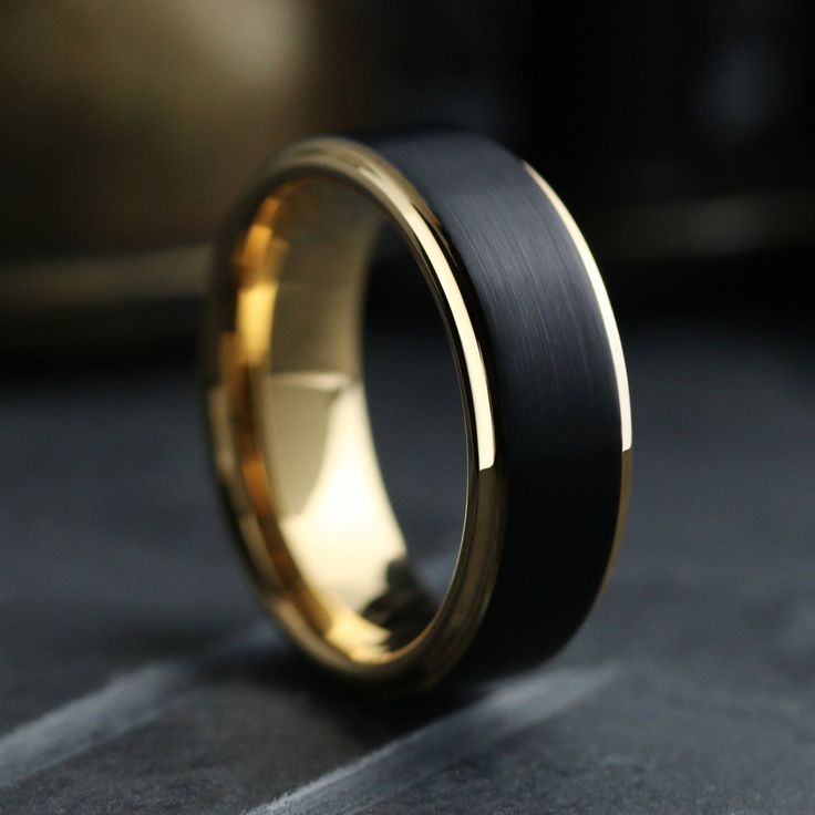 Men's Black and Yellow Gold Wedding Band - The Gatsby 3 / Men's Tungsten Yellow Gold Wedding Band Men Wedding Band Tungsten, Marriage Rings For Man, His Ring Wedding Bands, Black Band Rings Men, Men’s Black Rings, Black Gold Ring Mens, Gold Mens Rings Wedding, Wedding Ring Ideas Men, Black And Gold Ring Men