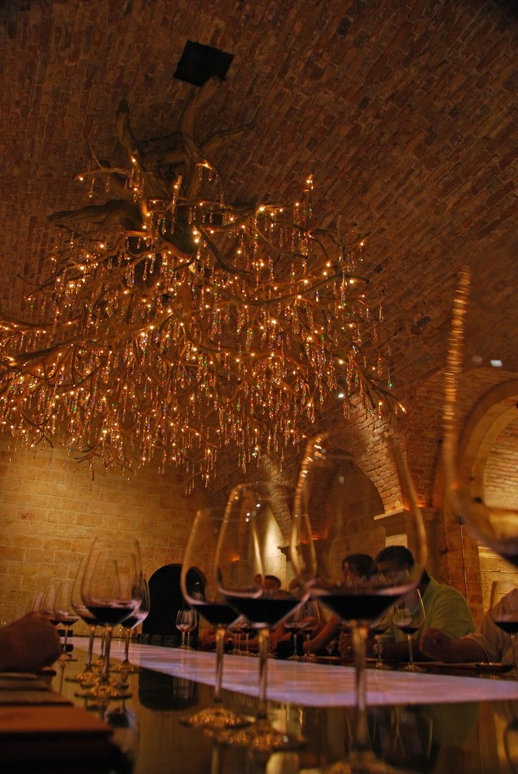 people are sitting at a table with wine glasses in front of the chandelier