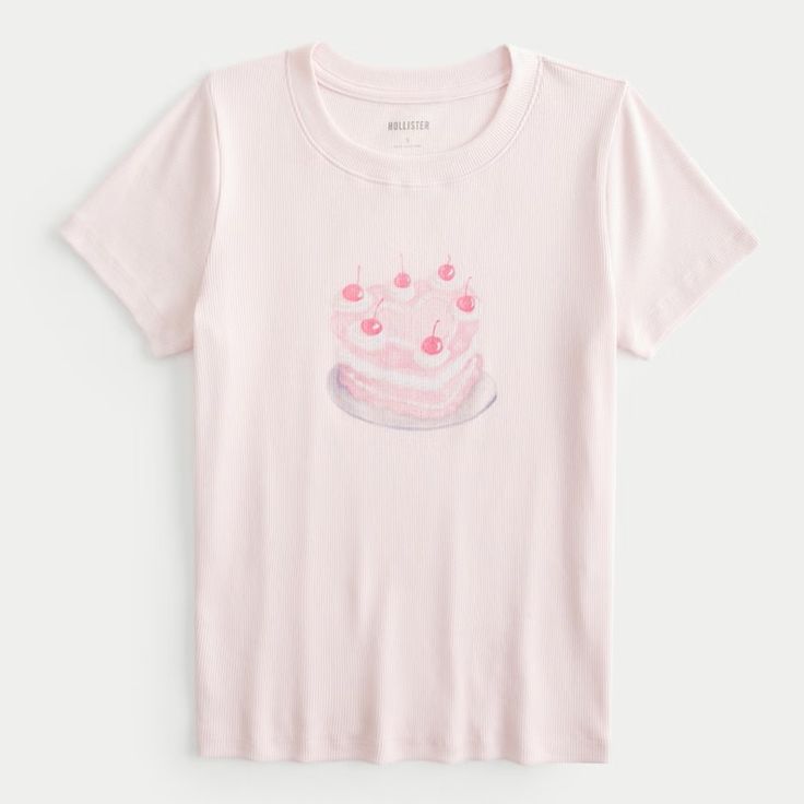 A Super Soft Baby Tee In Cozy Ribbed Fabric, Designed With A Longer Length, Crew Neckline And Short Sleeves. Pretty Heart Cake Print Graphic. Slim Fit. Imported. Body:95% Cotton, 5% Elastane Turn Garment Inside Out Machine Wash Cold, With Like Colors Only Non-Chlorine Bleach Tumble Dry Low Low Iron On Reverse Side Do Not Dry Clean Cute Baby Tees, Cake Graphic, Black Floral Shirt, Bday Wishlist, Cute Tshirt, Japan Shopping, Pale Pink Color, Graphic Baby Tee, Hot Pink Shorts