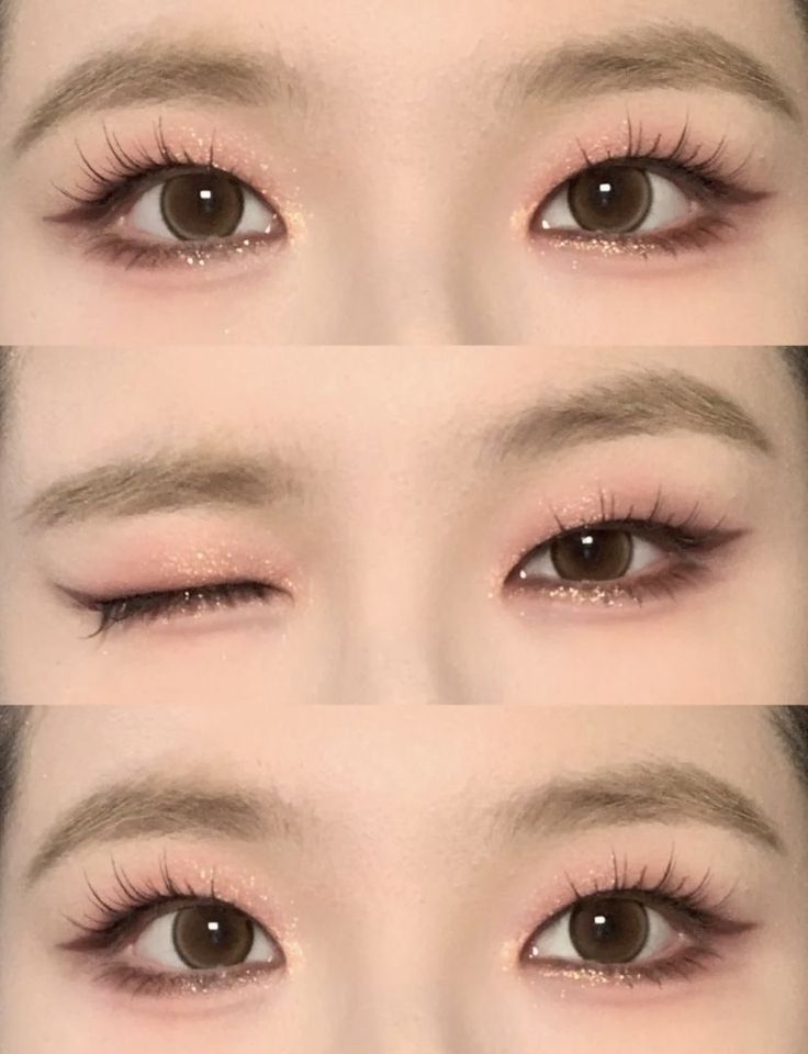 Korean Eye Makeup Monolid, Makeup For Small Asian Eyes, Makeup Looks For Monolid Eyes, Monolid Glitter Eye Makeup, Hooded Korean Eye Makeup, Makeup Looks Monolid Eyes, Eye Glitter Korean, Korean Makeup For Monolids, Douyin Makeup Single Eyelid