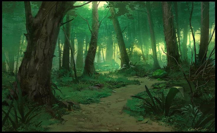 a painting of a path in the middle of a forest with lots of green trees