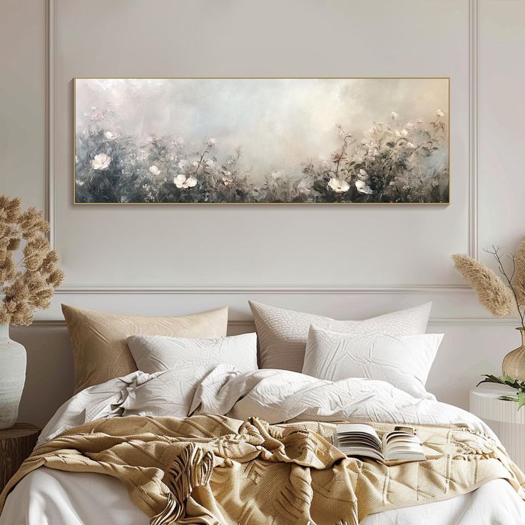 a large painting on the wall above a bed in a room with pillows and blankets