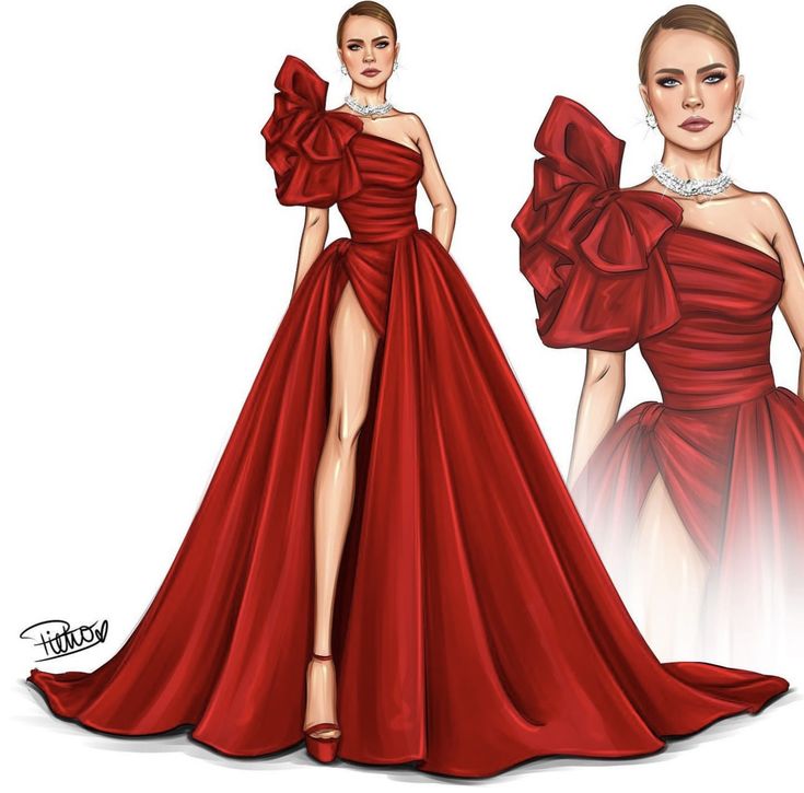 a drawing of a woman in a red dress