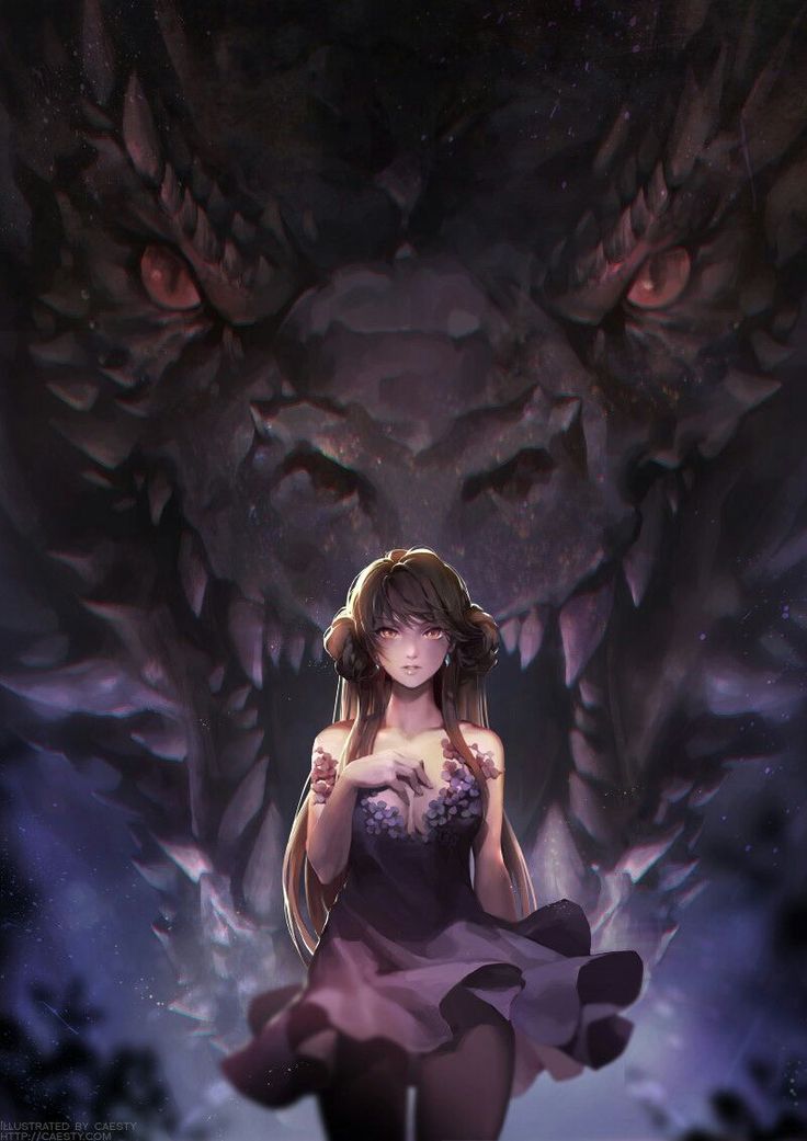 a woman in a purple dress standing next to a giant dragon with her eyes closed