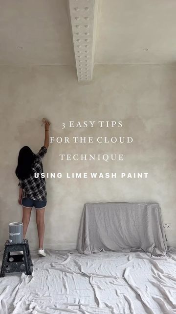 a woman is painting the ceiling in her bedroom with text overlay that reads 3 easy tips for the cloud technique using limewash paint