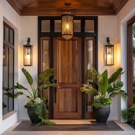 two large planters sit on the front porch of a house with wooden doors and windows