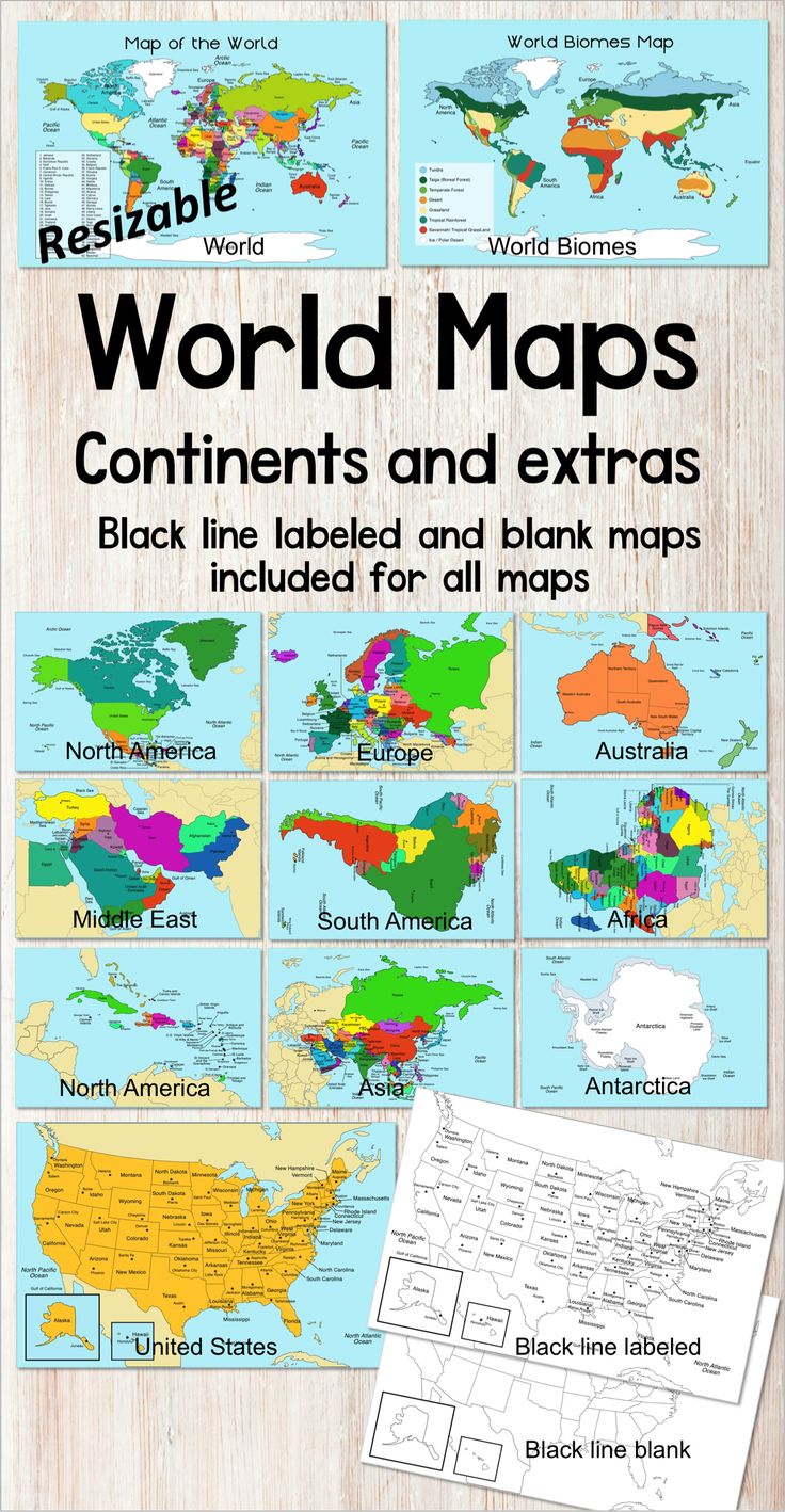 World Map and separate continents maps, includes black and white maps ...