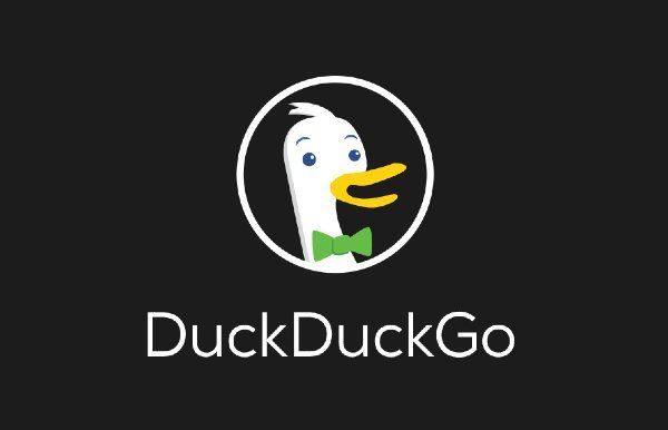 the duckduckgo logo is shown in white and black with a green bow tie