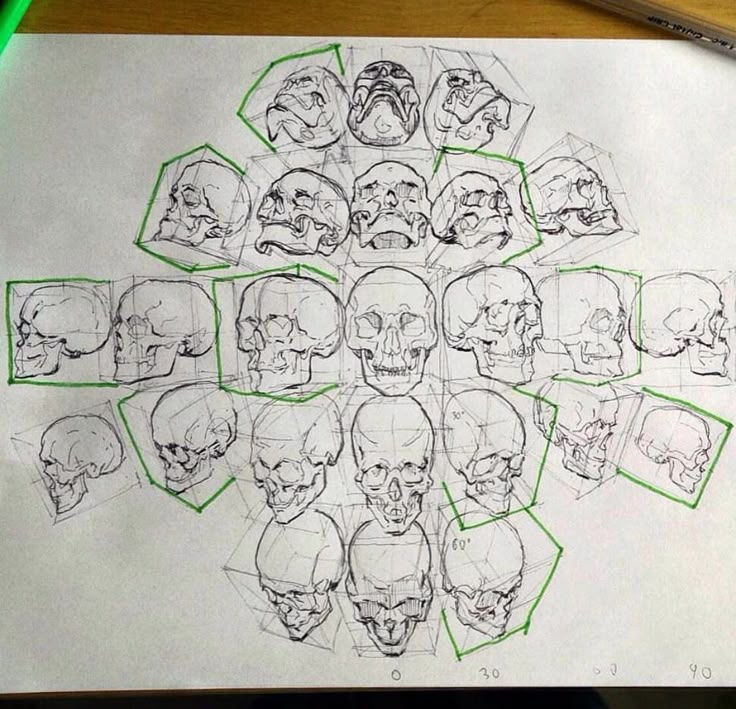 a bunch of skulls drawn on top of a piece of paper