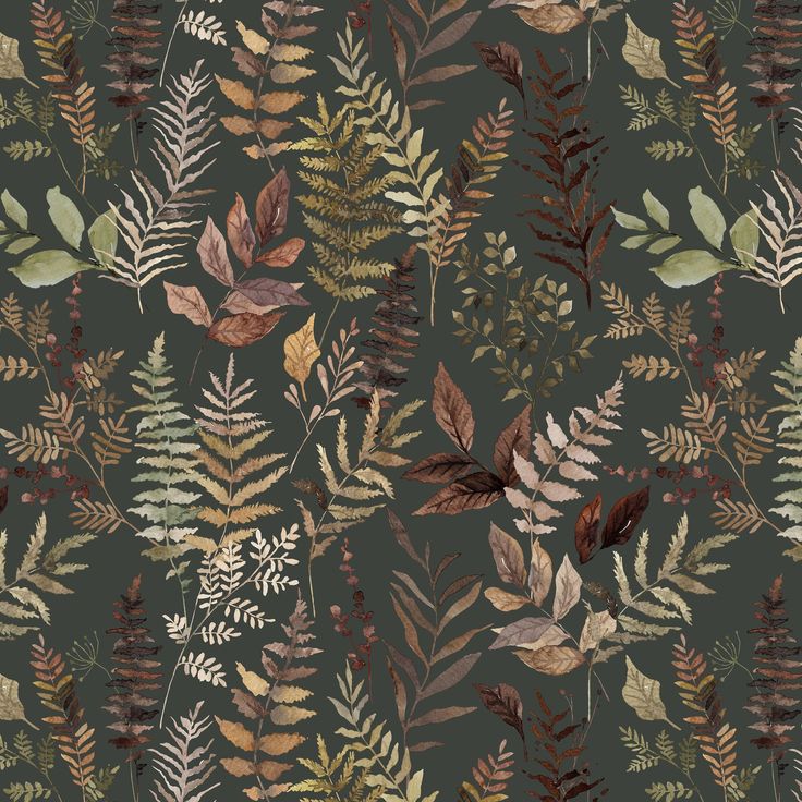 an image of leaves and plants on a dark green background for wallpaper or fabric