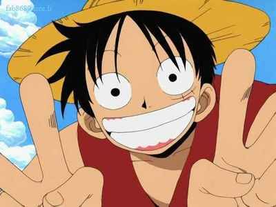 one piece is making the peace sign while wearing a straw hat and red shirt with his hands in the air