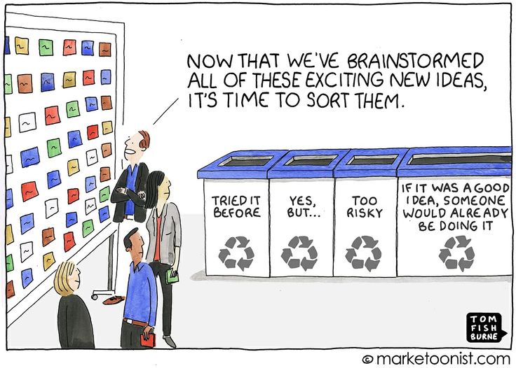 a cartoon showing people looking at recycling bins with the words now that we've transformed all of these exciting new ideas, its time to sort of them