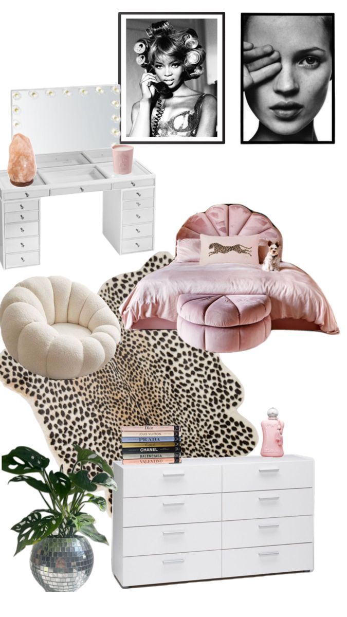 a bedroom with white furniture and pictures on the wall, including a pink bed, leopard print