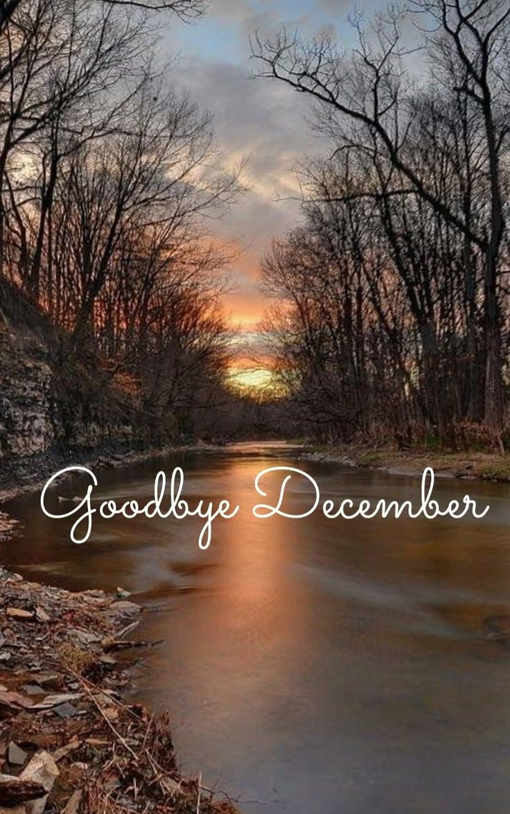 the words goodbye december are in front of a photo of a river and some trees