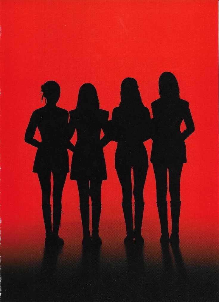 the silhouettes of three women standing in front of a red background, with their hands on their hips