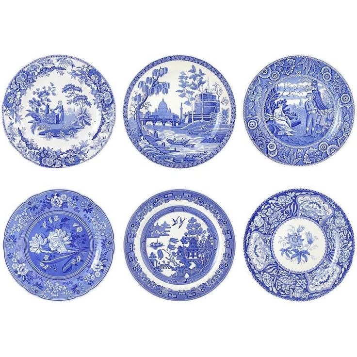 six blue and white plates with different designs on the front, side, and back