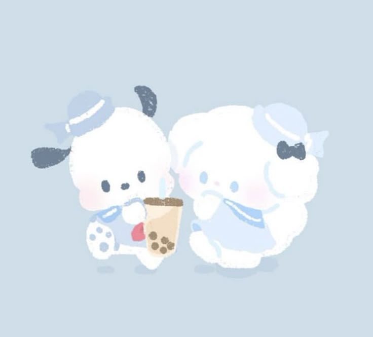 two white teddy bears sitting next to each other with a cup in their paws and one holding a drink