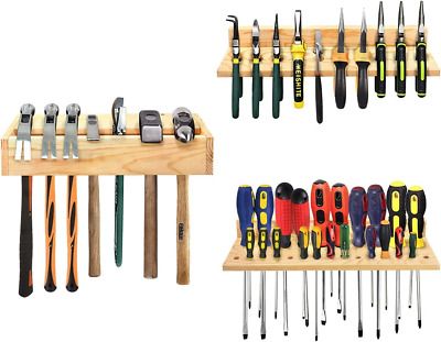 several different tools are displayed on wooden racks