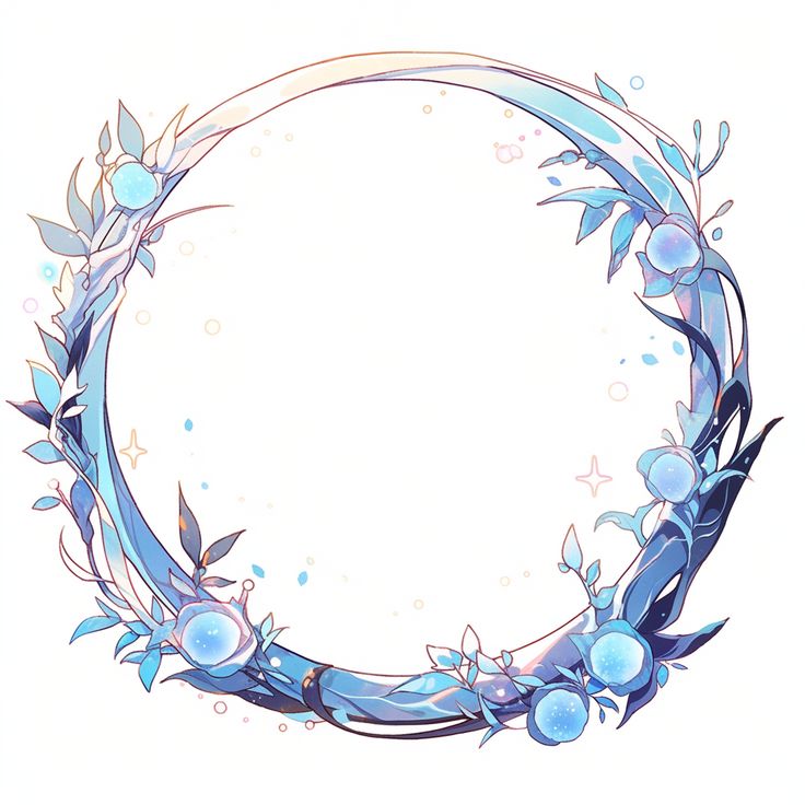 a circular frame with blue flowers and leaves on the edges is drawn in watercolor