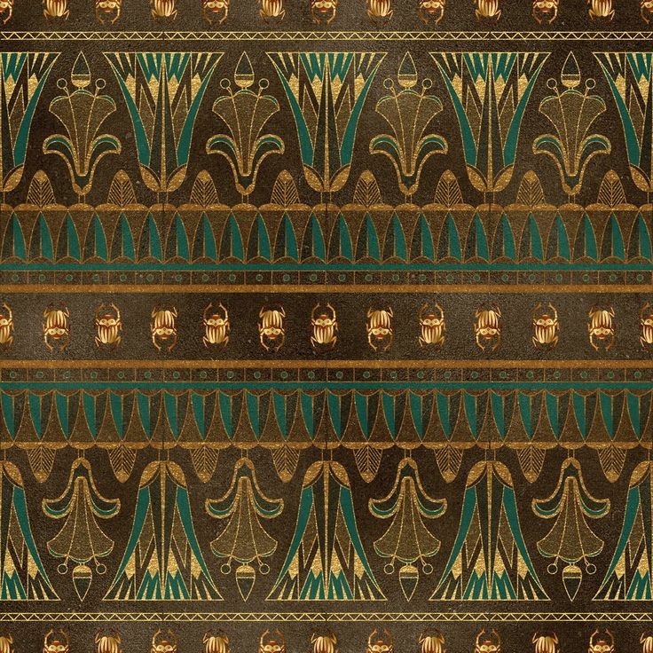 an ornate pattern with gold and green accents on a black background, in the style of art deco