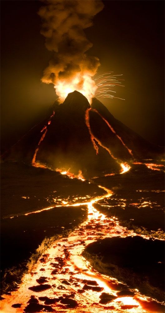 an image of a volcano that is lit up in the night sky with fire coming out of it