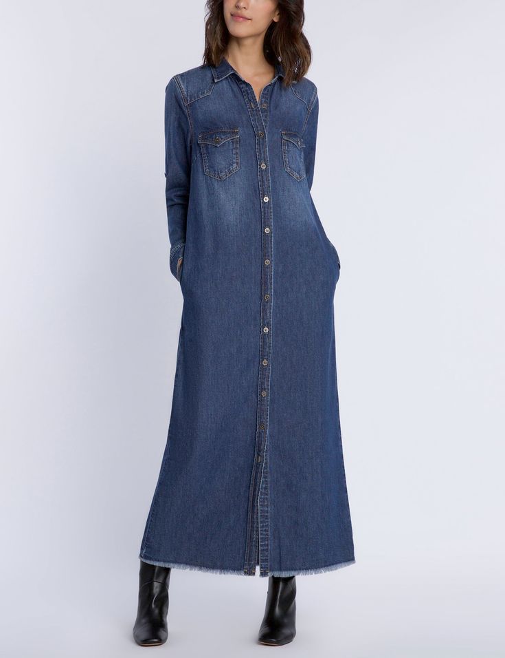 Denim Maxi Shirtdress Malibu Blue Front View Malibu Blue, Fall Wardrobe Essentials, Denim Maxi Dress, Crochet Maxi Dress, Crochet Maxi, Denim Maxi, Denim Maxi Skirt, Satin Gown, Cotton Maxi