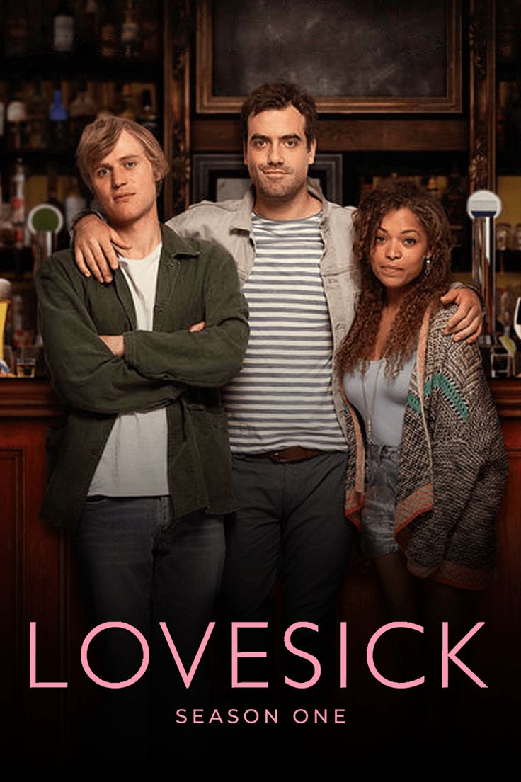 love sick season one poster with three people standing in front of a bar and looking at the camera