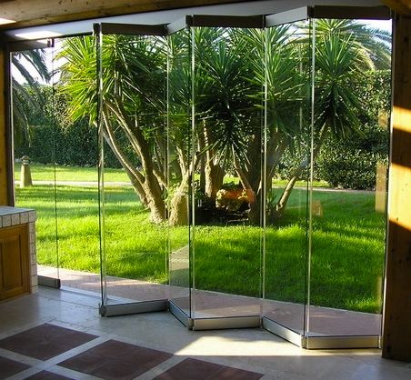 an open glass door leading to a lush green yard with palm trees in the background