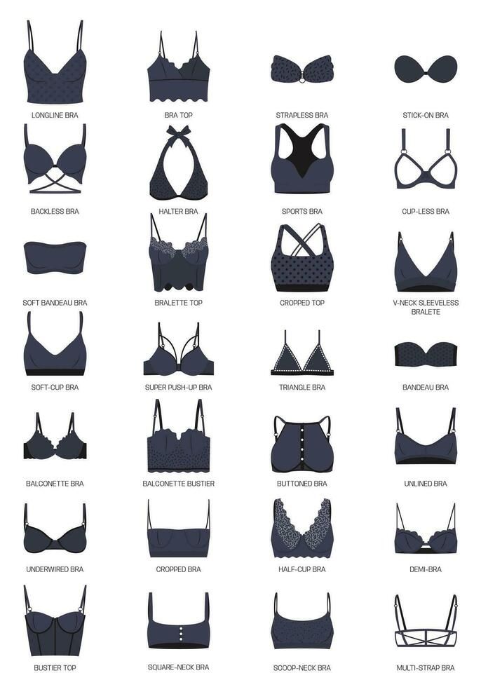 Types of bras. Big vector collection of lingerie. Set of underwear, balconette, strapless, unlined, super push-up, soft-cup, longline, sports, demi and triangle bra. Set of isolated icons with bras. Types Of Lingerie Style, Isolated Icons, Types Of Bras, Sewing Bras, Bra Design, Super Push Up, Bra Pattern, Vector Sketch, Longline Bra