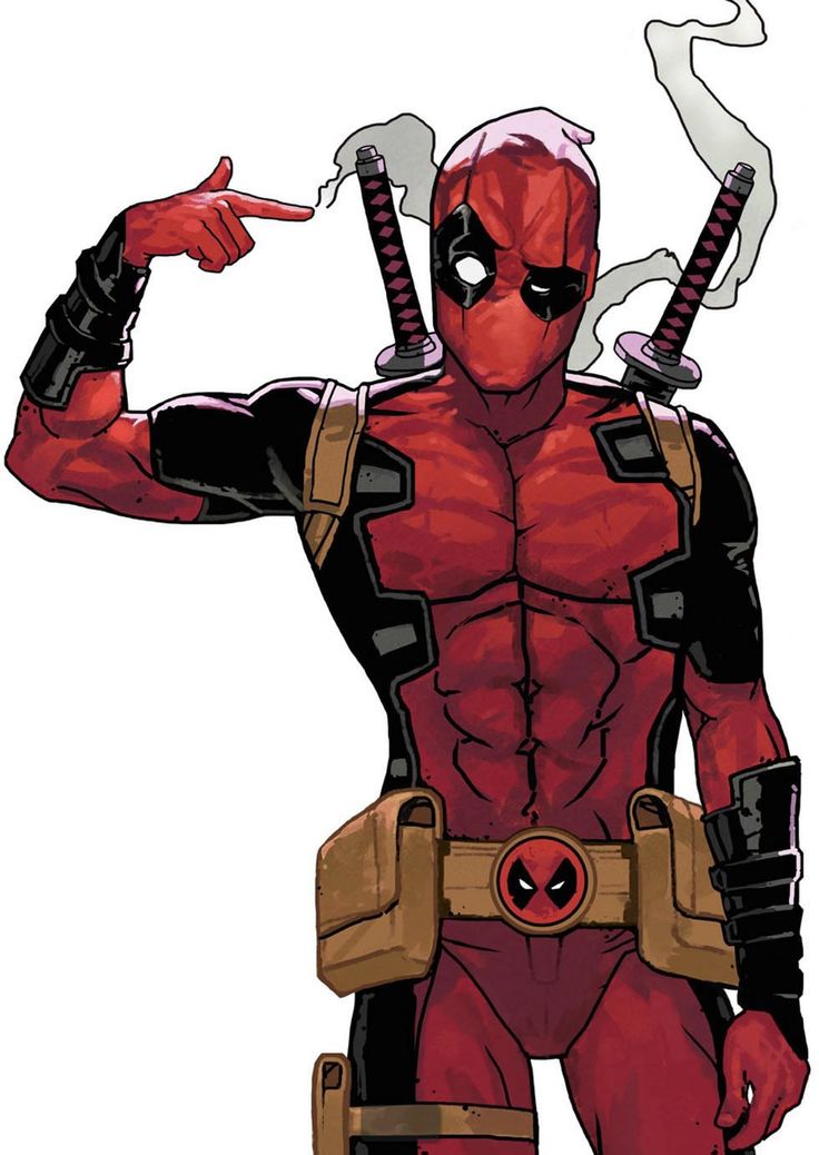 the deadpool character is pointing at something