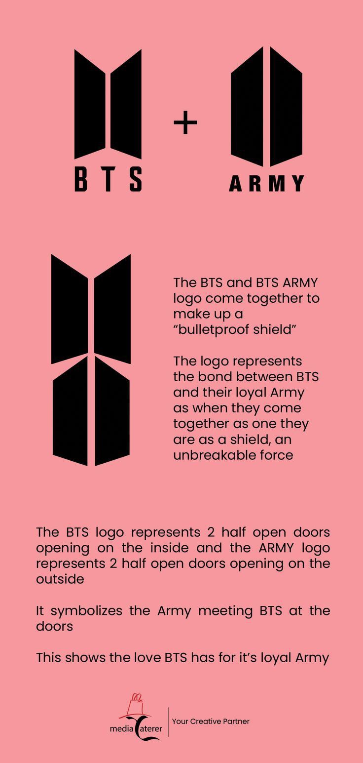 a pink poster with black and white text on the bottom right hand corner is an image of two army logos