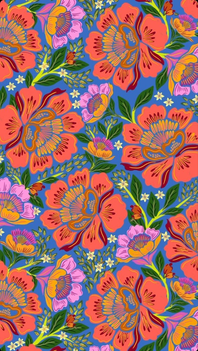 an abstract floral design in pink, orange and blue